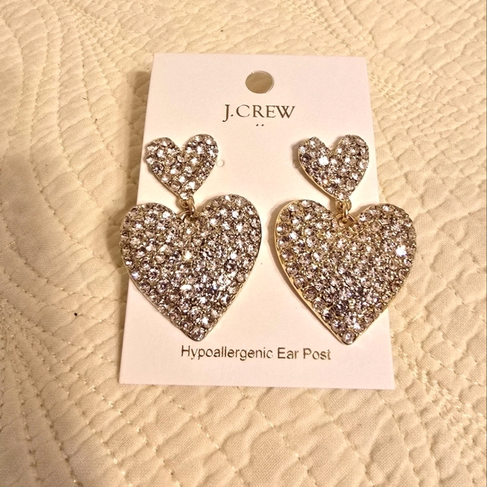 NWT J. Crew Ladies Gold Colored Crystal Pave Double Heart Drop Earrings